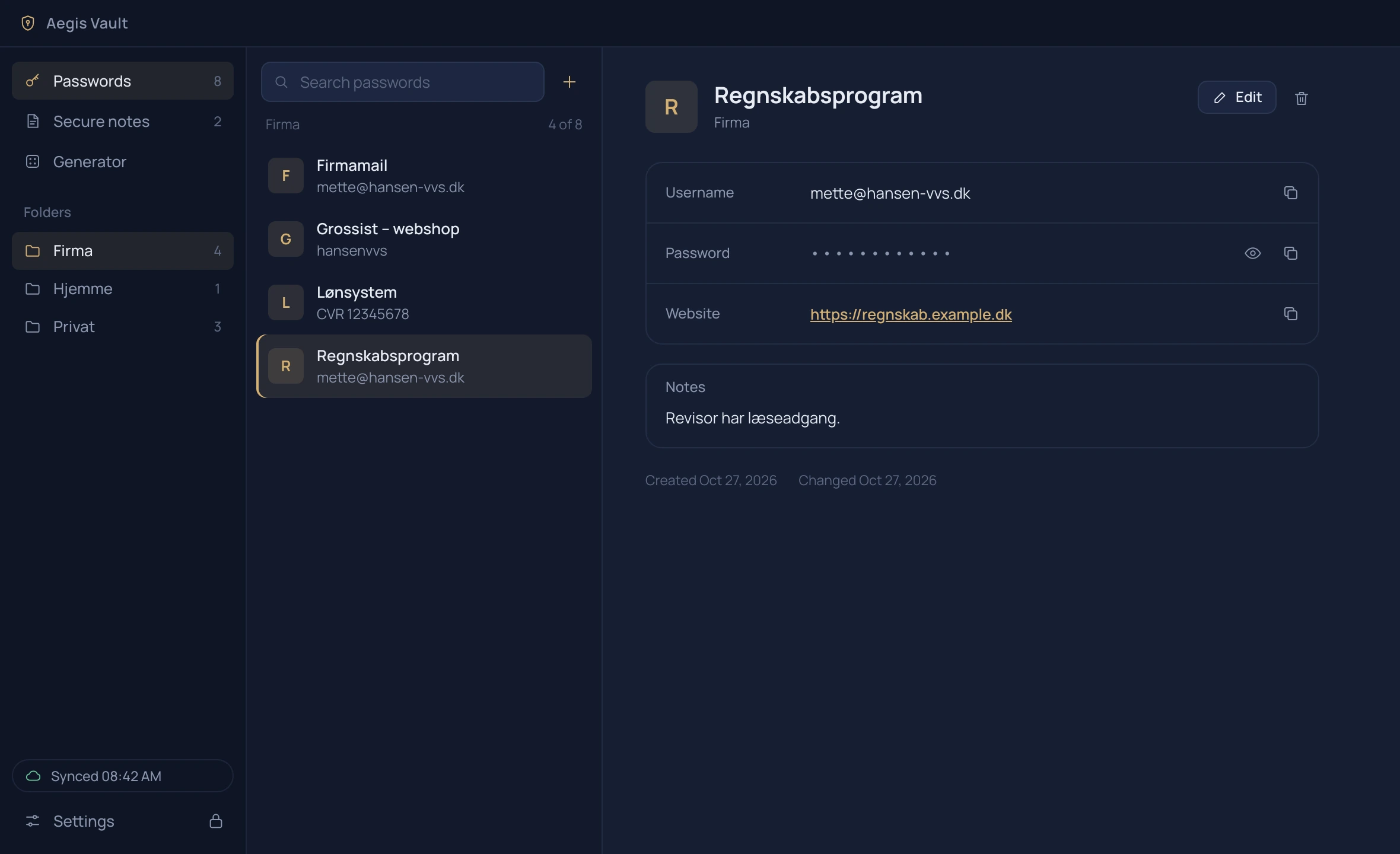 Aegis Vault med en liste over adgangskoder i mapper og detaljer for den valgte konto